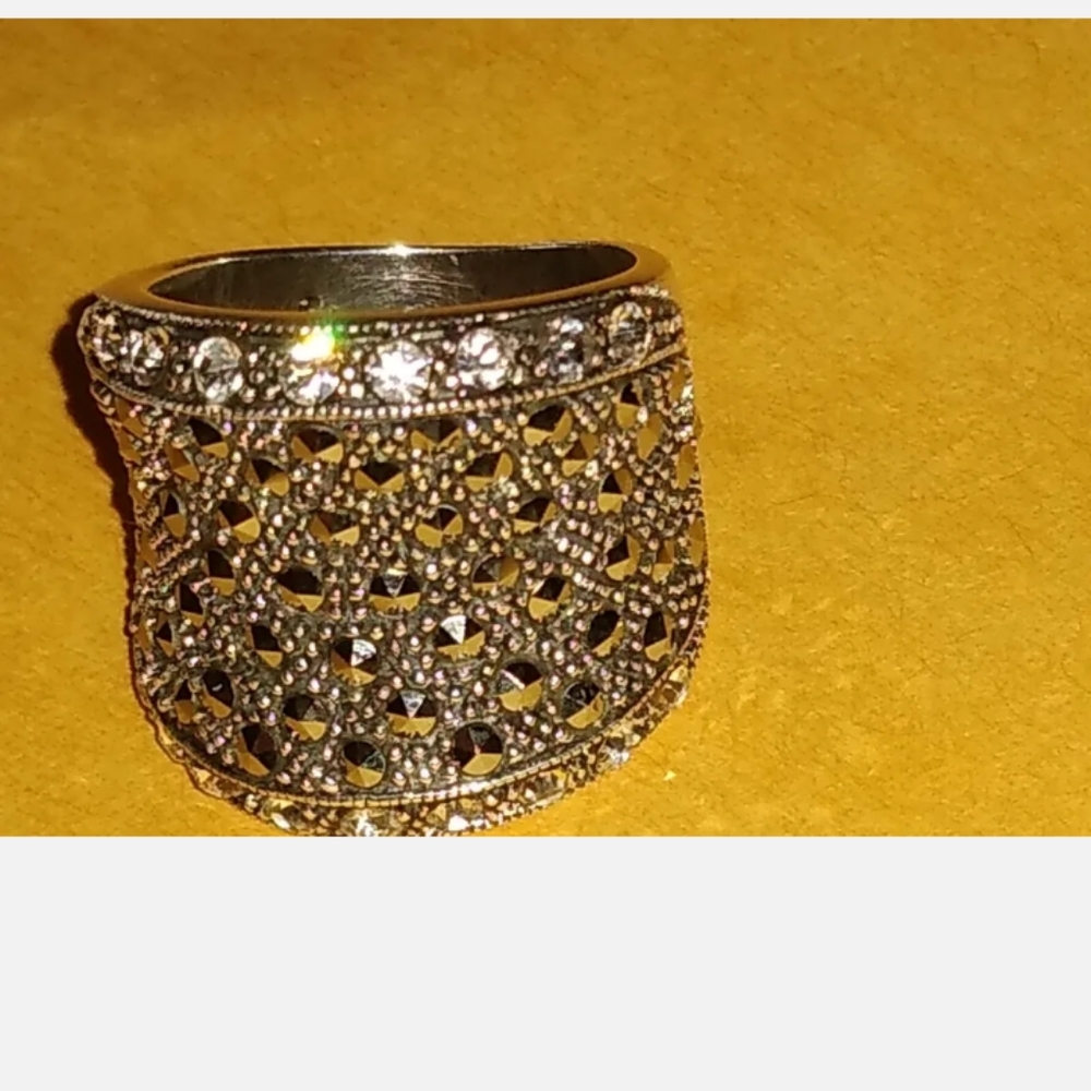 Big Vintage Sterling & Marcasite Ring, multi Row of Black&whi Diamond  Wide Band - Picture 4 of 10